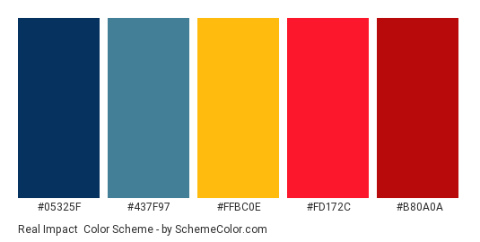 Real Impact - Color scheme palette thumbnail - #05325F #437F97 #FFBC0E #FD172C #B80A0A 