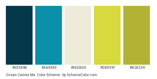 Ocean Carries Me - Color scheme palette thumbnail - #05384B #0A90A9 #EEEBD8 #D8D93F #B2B334 