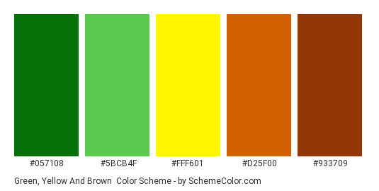 Green, Yellow and Brown - Color scheme palette thumbnail - #057108 #5BCB4F #FFF601 #D25F00 #933709 