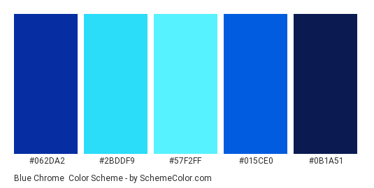 Blue Chrome - Color scheme palette thumbnail - #062DA2 #2BDDF9 #57F2FF #015CE0 #0B1A51 