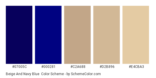 Beige and Navy Blue - Color scheme palette thumbnail - #07005c #000281 #c2a688 #d2b896 #e4cba3 