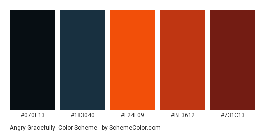 Angry Gracefully - Color scheme palette thumbnail - #070E13 #183040 #F24F09 #BF3612 #731C13 