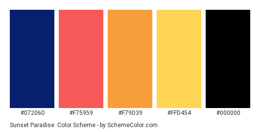 Sunset Paradise - Color scheme palette thumbnail - #07206D #F75959 #F79D39 #FFD454 #000000 
