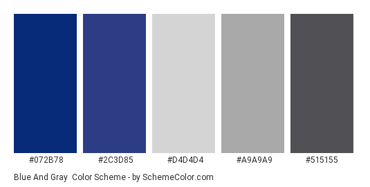 Blue and Gray - Color scheme palette thumbnail - #072B78 #2c3d85 #D4D4D4 #A9A9A9 #515155 