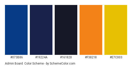 Admin Board - Color scheme palette thumbnail - #073B86 #19224A #161828 #F38218 #E7C003 