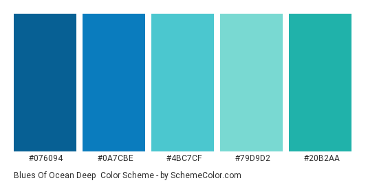 Blues of Ocean Deep - Color scheme palette thumbnail - #076094 #0A7CBE #4BC7CF #79D9D2 #20B2AA 