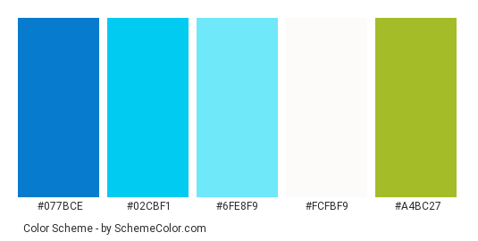 Not an Island - Color scheme palette thumbnail - #077bce #02cbf1 #6fe8f9 #fcfbf9 #a4bc27 