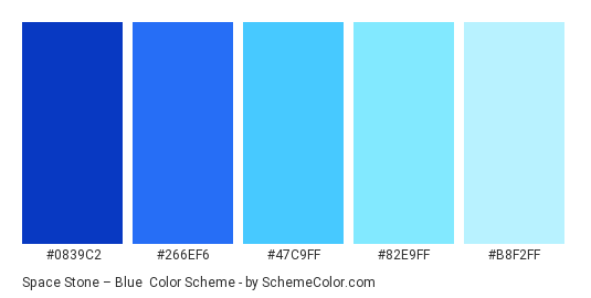 Space Stone – Blue - Color scheme palette thumbnail - #0839C2 #266EF6 #47C9FF #82E9FF #B8F2FF 