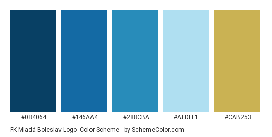 FK Mladá Boleslav Logo - Color scheme palette thumbnail - #084064 #146aa4 #288cba #afdff1 #cab253 