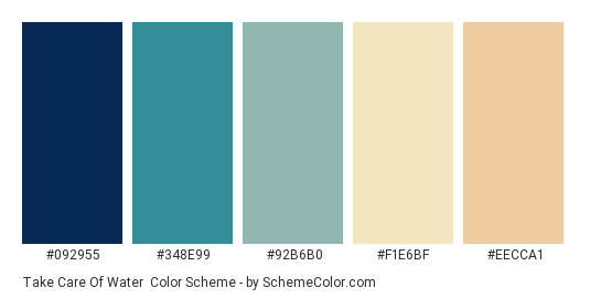 Take Care of Water - Color scheme palette thumbnail - #092955 #348e99 #92b6b0 #f1e6bf #eecca1 