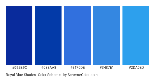 Royal Blue Shades - Color scheme palette thumbnail - #092B9C #033AA8 #3170DE #3487E1 #2DA0ED 