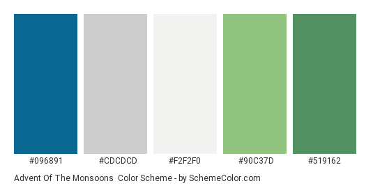 Advent of the Monsoons - Color scheme palette thumbnail - #096891 #CDCDCD #F2F2F0 #90C37D #519162 