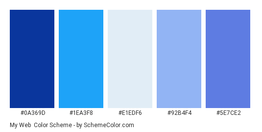My Web - Color scheme palette thumbnail - #0A369D #1EA3F8 #E1EDF6 #92B4F4 #5E7CE2 
