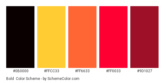 Bold - Color scheme palette thumbnail - #0B0000 #FFCC33 #FF6633 #FF0033 #9D1027 