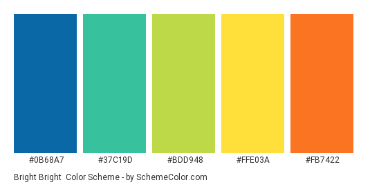 Bright Bright - Color scheme palette thumbnail - #0B68A7 #37C19D #bdd948 #ffe03a #fb7422 