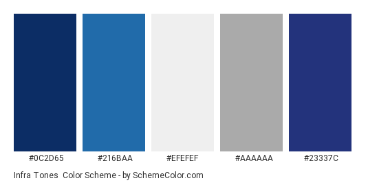 Infra Tones - Color scheme palette thumbnail - #0C2D65 #216BAA #EFEFEF #AAAAAA #23337C 