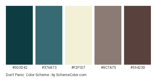 Don’t Panic - Color scheme palette thumbnail - #0D3D42 #376B73 #F2F1D7 #8C7A75 #59423D 