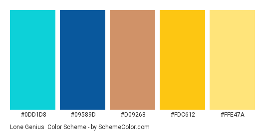 Lone Genius - Color scheme palette thumbnail - #0DD1D8 #09589D #D09268 #FDC612 #FFE47A 