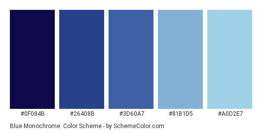 Blue Monochrome - Color scheme palette thumbnail - #0F084B #26408B #3D60A7 #81B1D5 #A0D2E7 