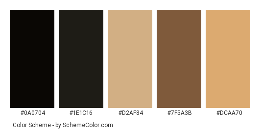 Coffee Beans - Color scheme palette thumbnail - #0a0704 #1e1c16 #d2af84 #7f5a3b #dcaa70 