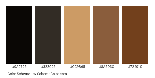 Coffee Beans Roasting - Color scheme palette thumbnail - #0a0705 #322c25 #cc9b65 #8a5d3c #72401c 