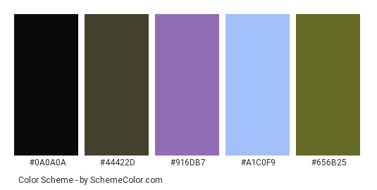 Love - Color scheme palette thumbnail - #0a0a0a #44422d #916db7 #a1c0f9 #656b25 