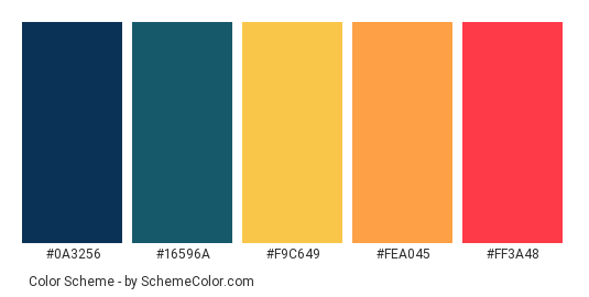 Autumn Foliage - Color scheme palette thumbnail - #0a3256 #16596a #f9c649 #fea045 #ff3a48 