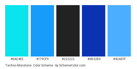 Techno Monotone - Color scheme palette thumbnail - #0ae4ee #179cf9 #222222 #0b32b0 #4caeff 