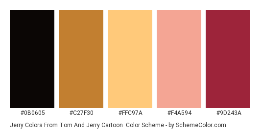 Jerry colors from Tom and Jerry cartoon - Color scheme palette thumbnail - #0b0605 #c27f30 #ffc97a #f4a594 #9d243a 