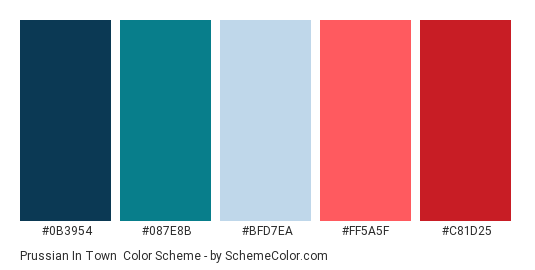 Prussian In Town - Color scheme palette thumbnail - #0b3954 #087e8b #bfd7ea #ff5a5f #c81d25 