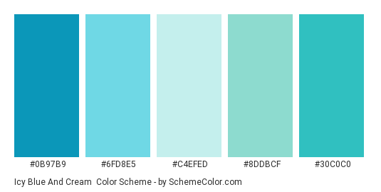 Icy Blue and Cream - Color scheme palette thumbnail - #0b97b9 #6fd8e5 #c4efed #8ddbcf #30c0c0 