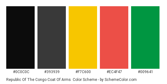 Republic of the Congo Coat of Arms - Color scheme palette thumbnail - #0c0c0c #393939 #f7c600 #ec4f47 #009641 
