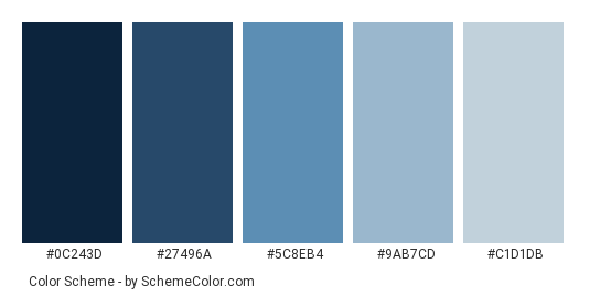 Different Blue Denims - Color scheme palette thumbnail - #0c243d #27496a #5c8eb4 #9ab7cd #c1d1db 