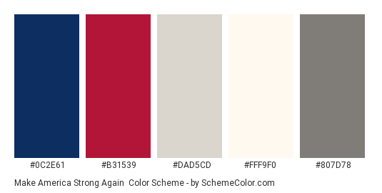 Make America Strong Again - Color scheme palette thumbnail - #0c2e61 #b31539 #dad5cd #fff9f0 #807d78 
