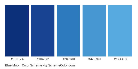 Blue Moon - Color scheme palette thumbnail - #0c317a #184392 #2d7bbe #4797d3 #57aae0 