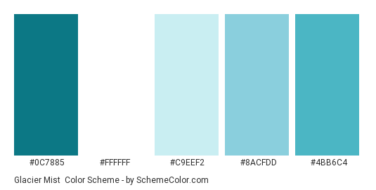 Glacier Mist - Color scheme palette thumbnail - #0c7885 #ffffff #c9eef2 #8acfdd #4bb6c4 