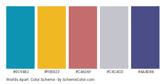 Worlds Apart - Color scheme palette thumbnail - #0c94b2 #f0b823 #c46d6f #c4c4cd #4a4d88 