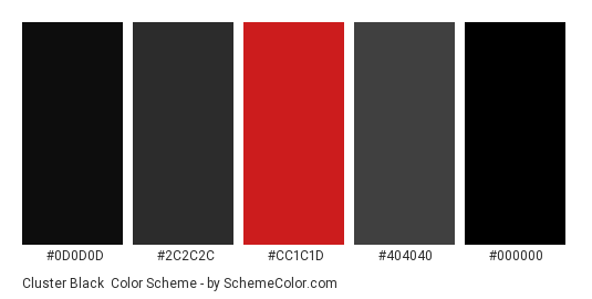 Cluster Black - Color scheme palette thumbnail - #0d0d0d #2c2c2c #cc1c1d #404040 #000000 