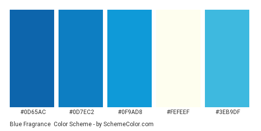 Blue Fragrance - Color scheme palette thumbnail - #0d65ac #0d7ec2 #0f9ad8 #fefeef #3eb9df 