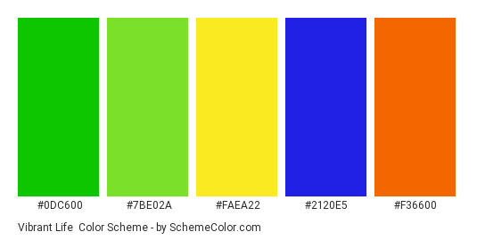 Vibrant Life - Color scheme palette thumbnail - #0dc600 #7be02a #faea22 #2120e5 #f36600 