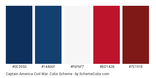 Captain America Civil War - Color scheme palette thumbnail - #0e305d #14406f #f6f6f7 #bd142b #7e1918 