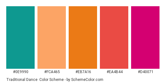 Traditional Dance - Color scheme palette thumbnail - #0e9990 #fca465 #eb7a16 #ea4b44 #d40071 
