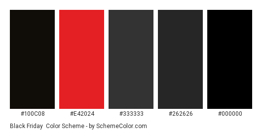 Black Friday - Color scheme palette thumbnail - #100C08 #E42024 #333333 #262626 #000000 