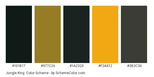 Jungle King - Color scheme palette thumbnail - #101b17 #977c26 #1a2320 #f2a812 #3b3c36 