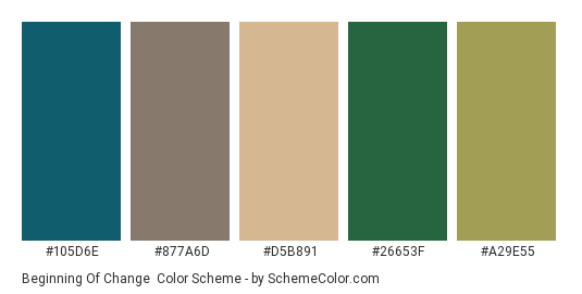 Beginning of Change - Color scheme palette thumbnail - #105d6e #877a6d #d5b891 #26653f #a29e55 