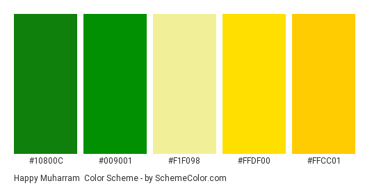 Happy Muharram - Color scheme palette thumbnail - #10800C #009001 #F1F098 #FFDF00 #FFCC01 