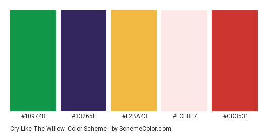 Cry Like The Willow - Color scheme palette thumbnail - #109748 #33265e #f2ba43 #fce8e7 #cd3531 