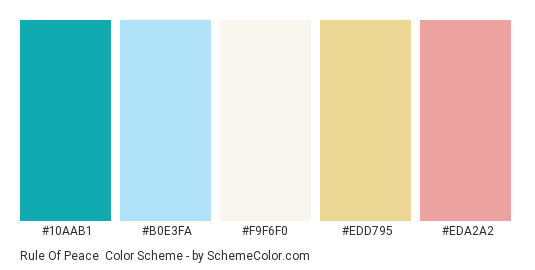 Rule of Peace - Color scheme palette thumbnail - #10AAB1 #B0E3FA #F9F6F0 #EDD795 #EDA2A2 
