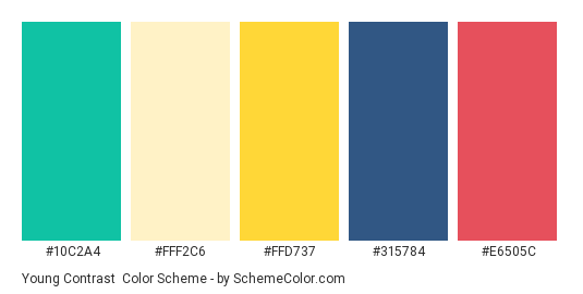 Young Contrast - Color scheme palette thumbnail - #10C2A4 #FFF2C6 #FFD737 #315784 #E6505C 