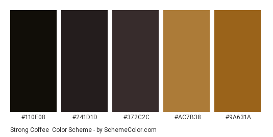 Strong Coffee - Color scheme palette thumbnail - #110e08 #241d1d #372c2c #ac7b38 #9a631a 
